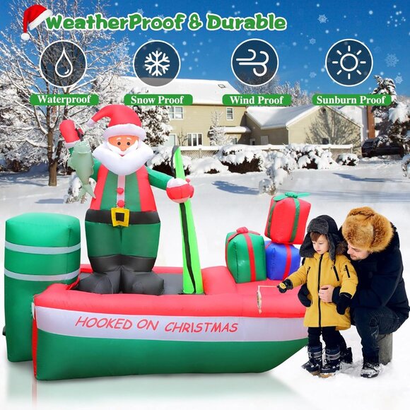 🆕8FT Christmas Inflatables Santa Claus Fishing on a Boat Outdoor Decorations - Picture 6 of 7